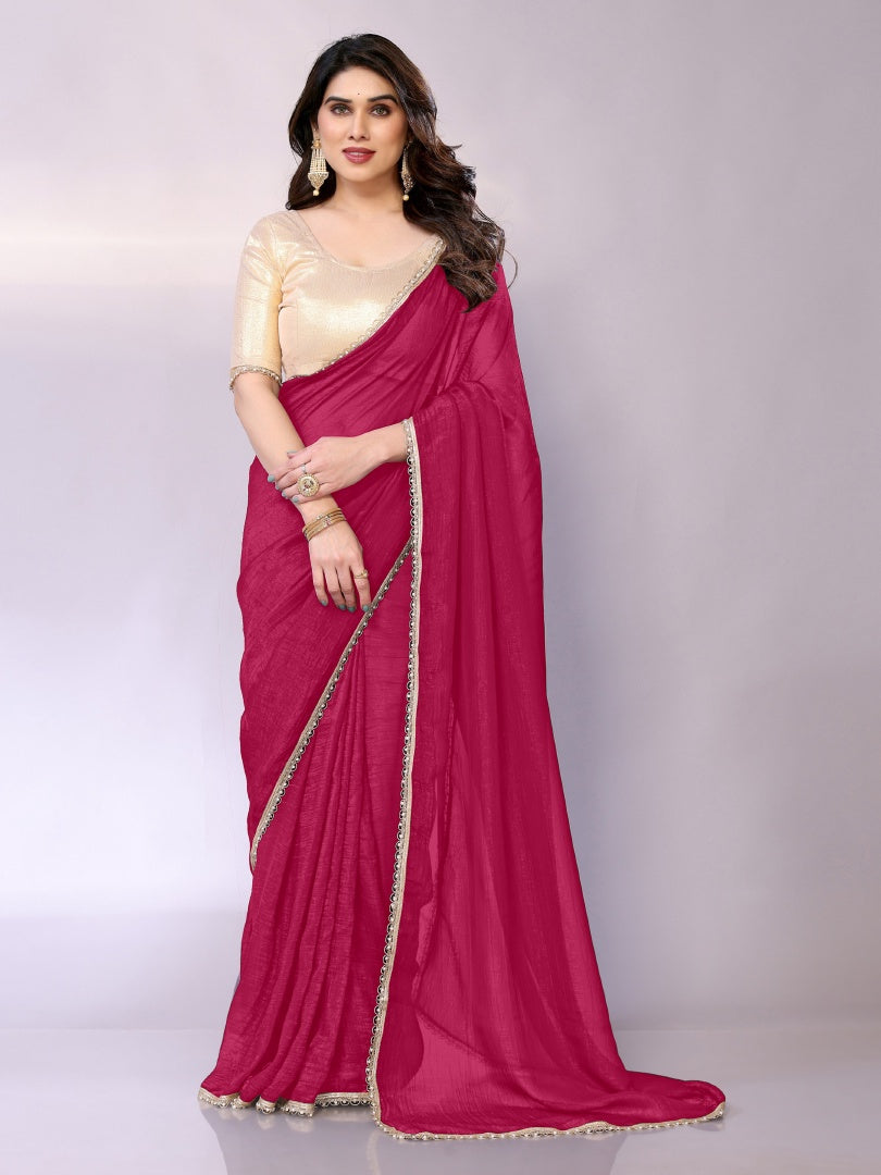 Beautiful Pink Star Georgette Saree with Motiwork Border & Gotaa Zari Blouse
