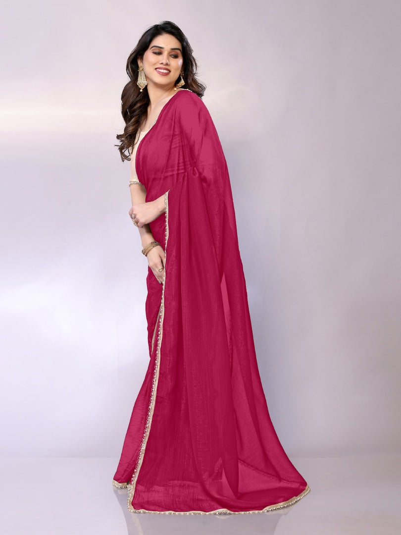 Beautiful Pink Star Georgette Saree with Motiwork Border & Gotaa Zari Blouse
