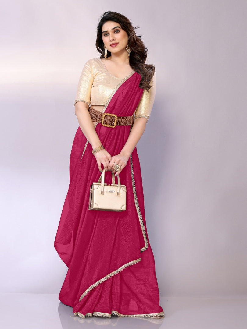 Beautiful Pink Star Georgette Saree with Motiwork Border & Gotaa Zari Blouse