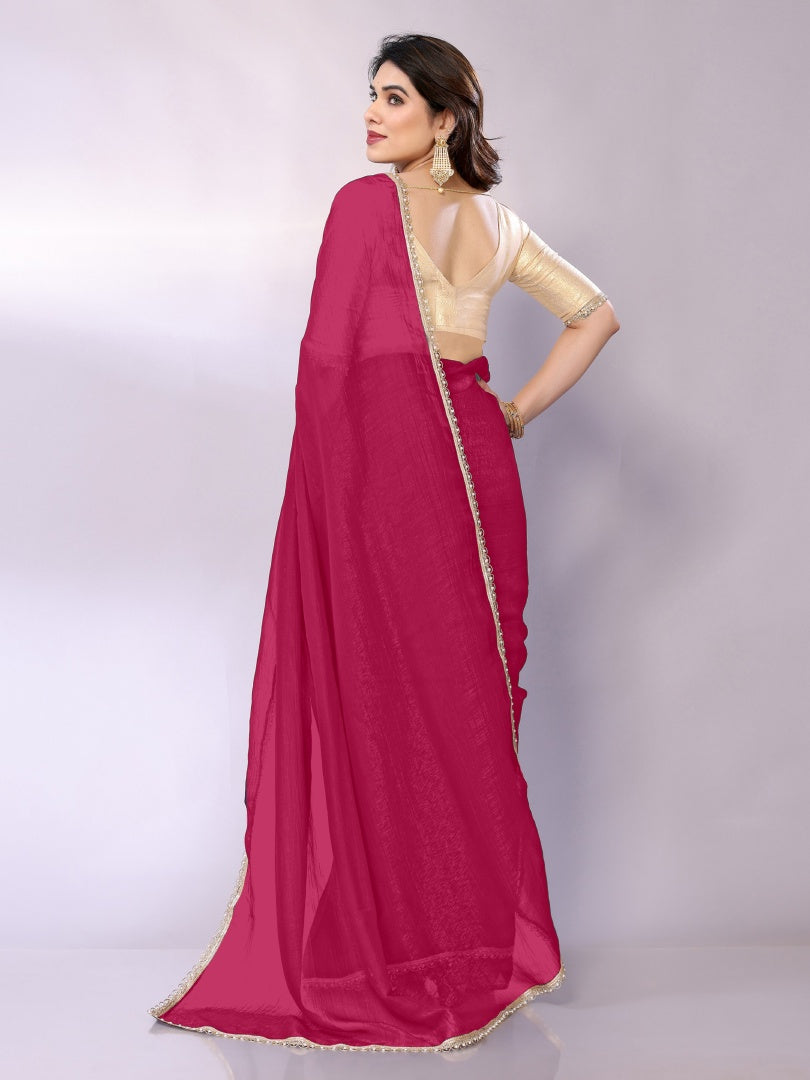 Beautiful Pink Star Georgette Saree with Motiwork Border & Gotaa Zari Blouse