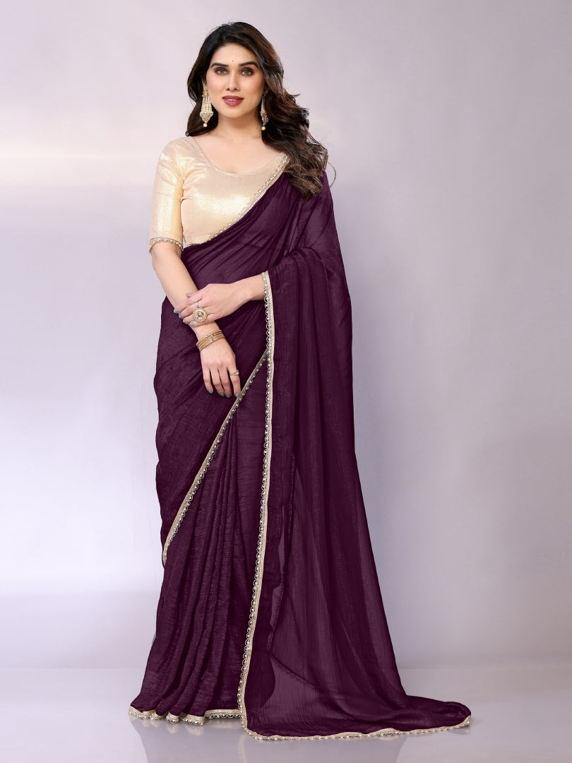 Rich Wine Star Georgette Solid Saree with Motiwork Border & Gotaa Zari Blouse