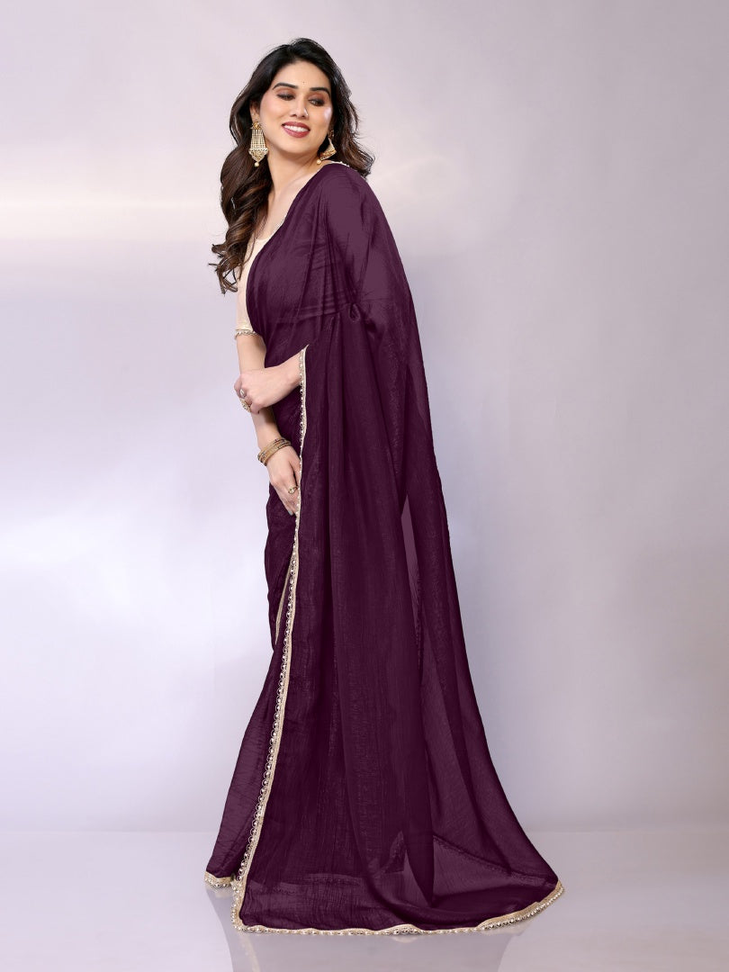 Rich Wine Star Georgette Solid Saree with Motiwork Border & Gotaa Zari Blouse