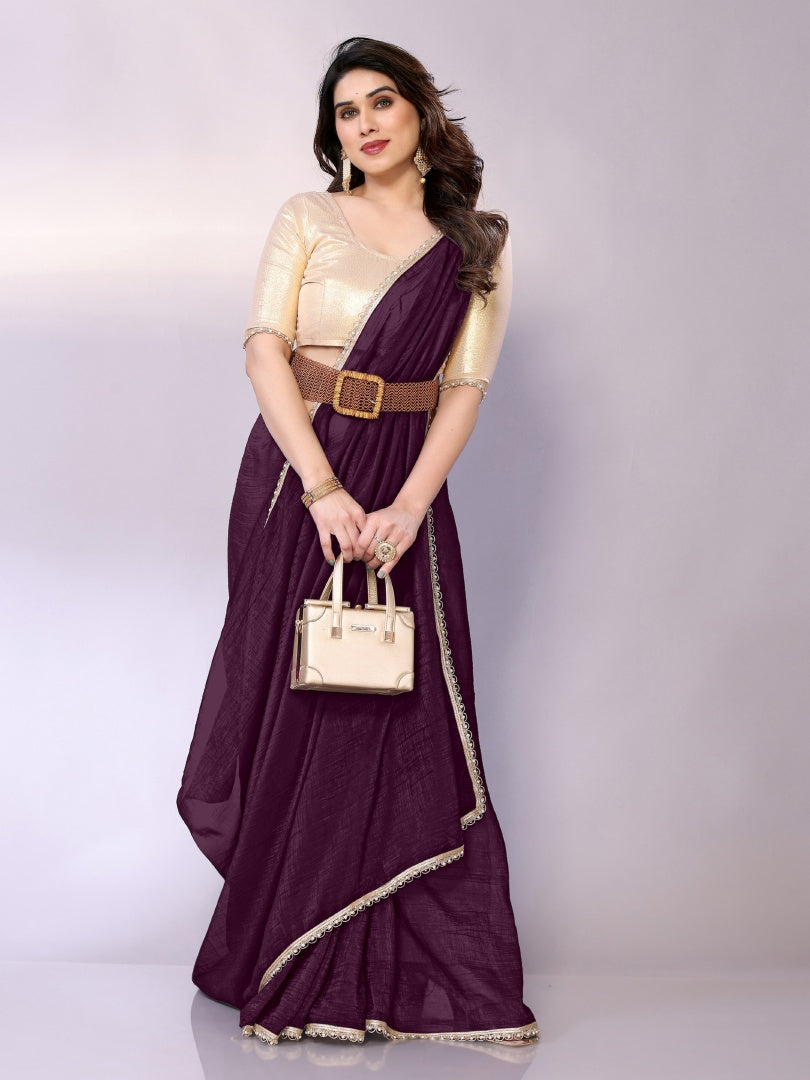 Rich Wine Star Georgette Solid Saree with Motiwork Border & Gotaa Zari Blouse