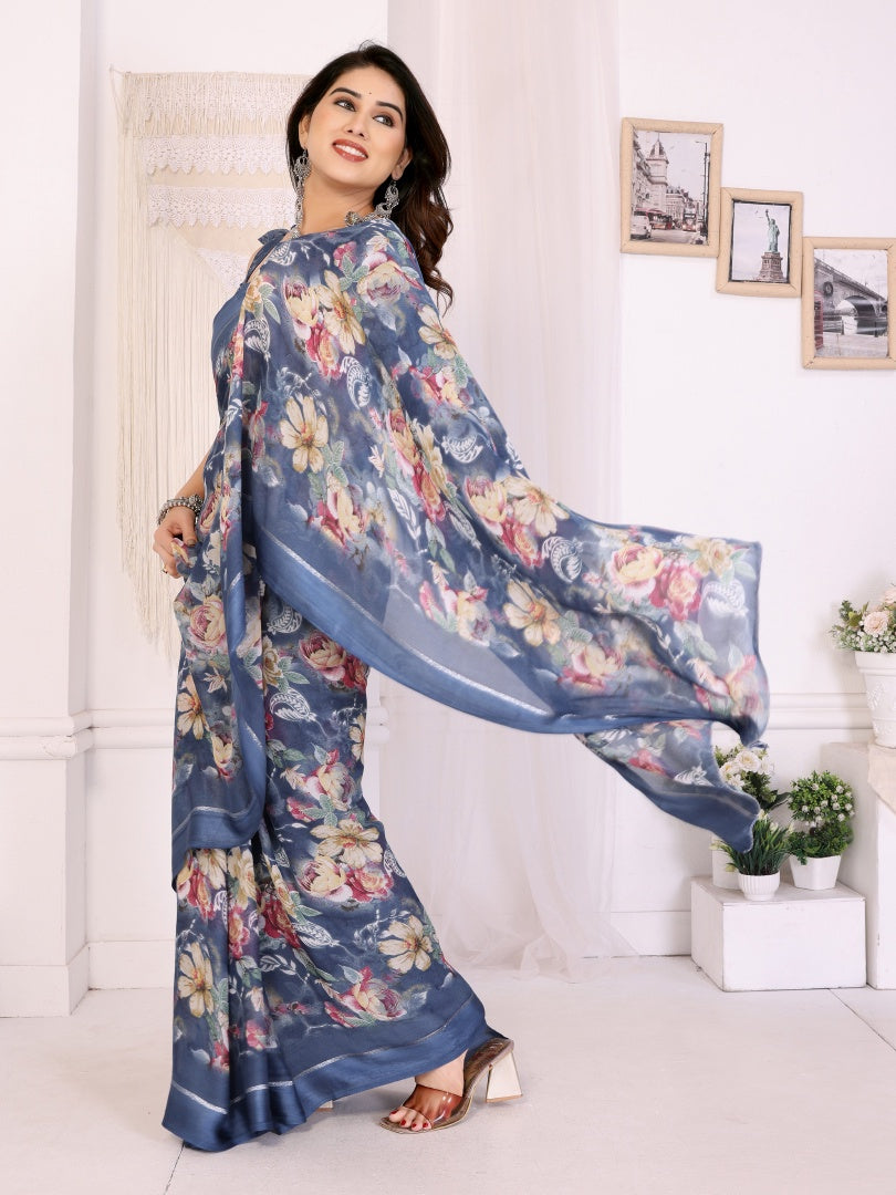 Blue Printed Bright Moss Satin Patta Saree for Women with Blouse