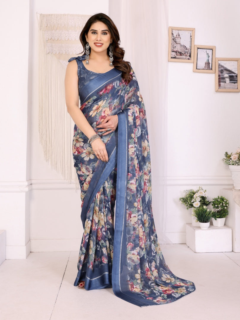 Blue Printed Bright Moss Satin Patta Saree for Women with Blouse