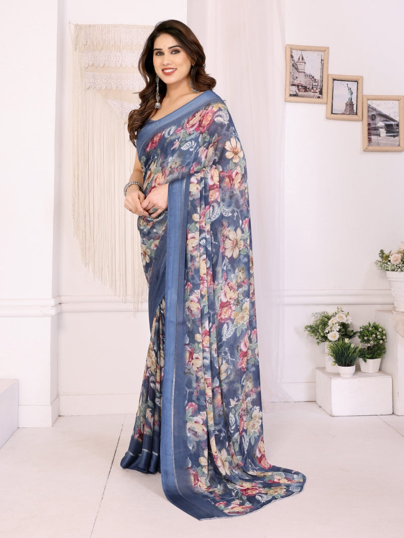 Blue Printed Bright Moss Satin Patta Saree for Women with Blouse