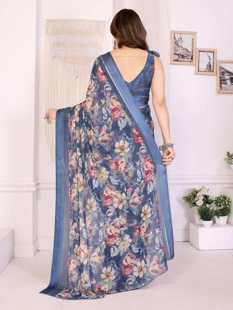 Blue Printed Bright Moss Satin Patta Saree for Women with Blouse