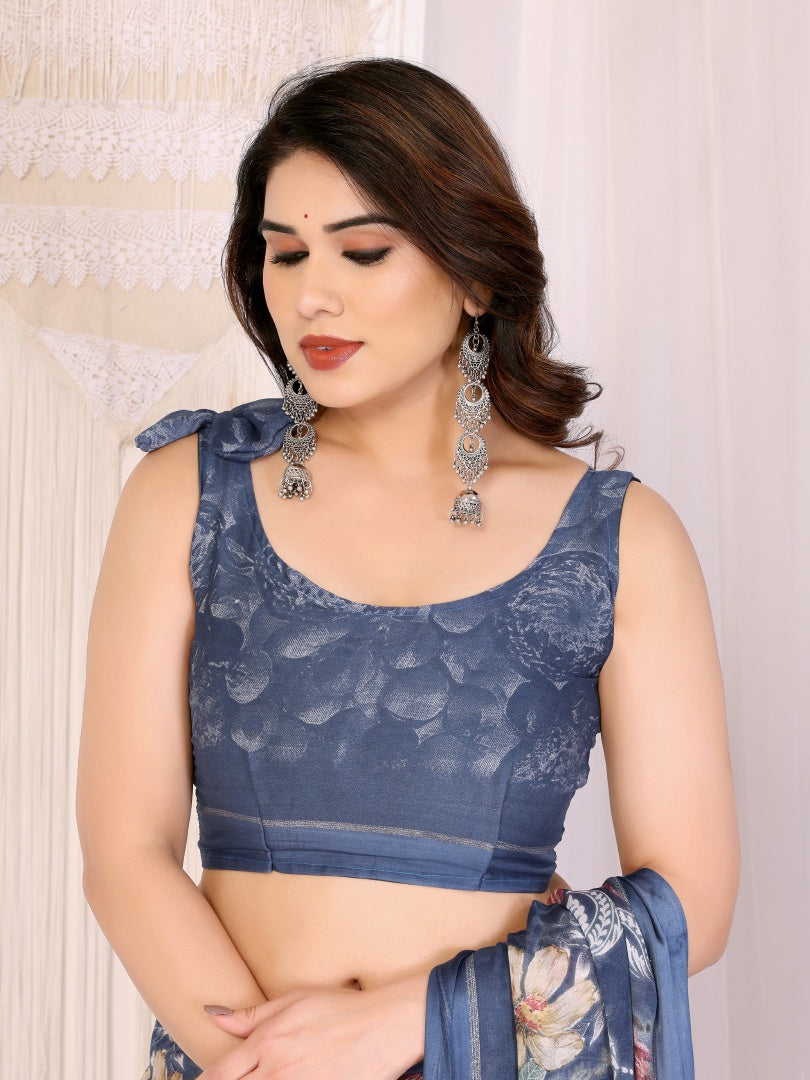 Blue Printed Bright Moss Satin Patta Saree for Women with Blouse