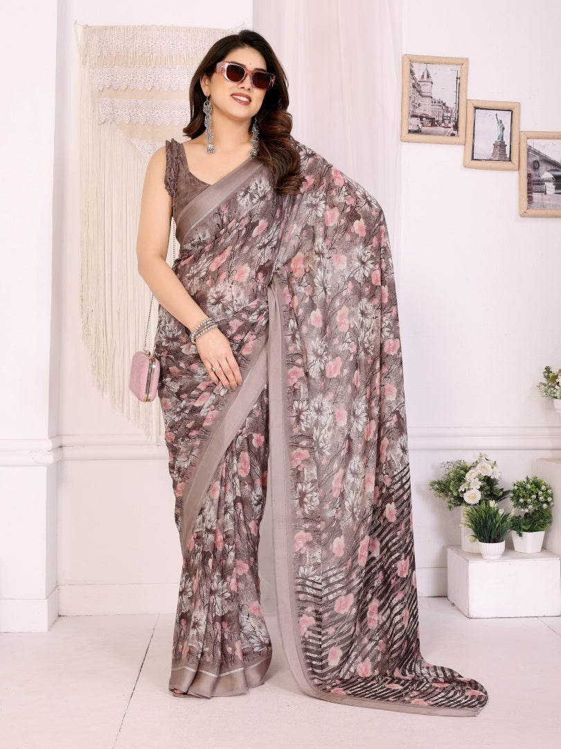 Elegant Khakhi Bright Moss Satin Patta Printed Saree with Matching Blouse