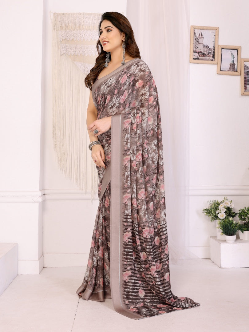 Elegant Khakhi Bright Moss Satin Patta Printed Saree with Matching Blouse
