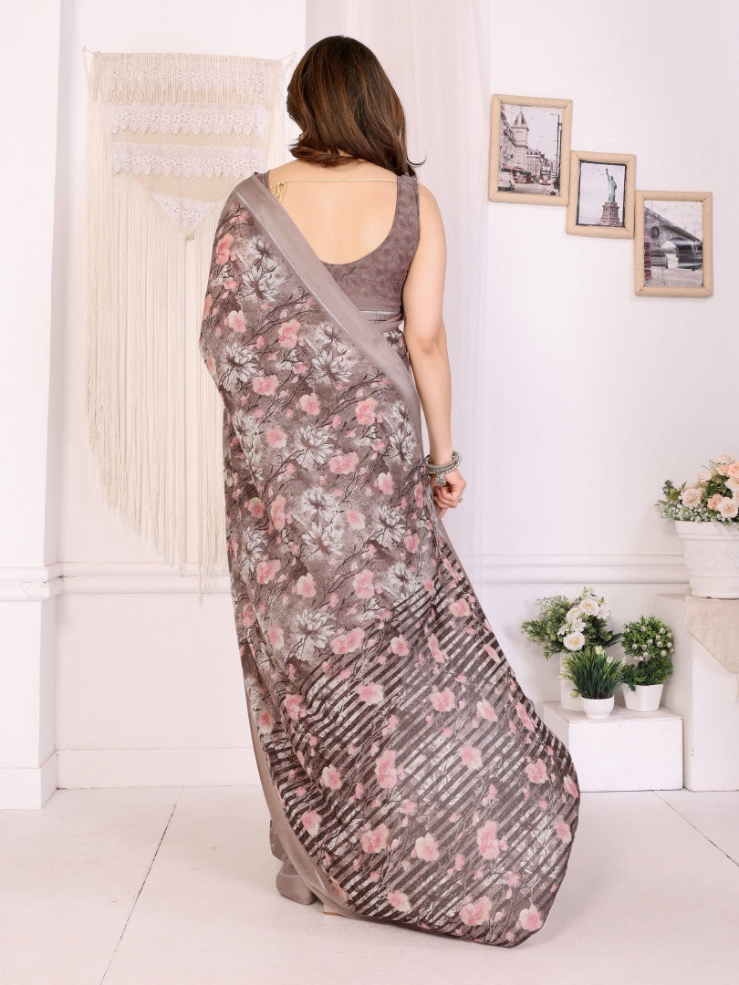 Elegant Khakhi Bright Moss Satin Patta Printed Saree with Matching Blouse