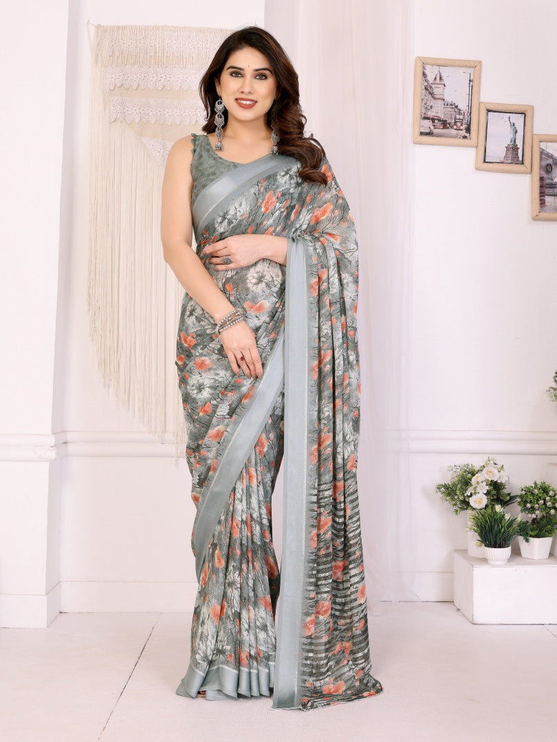 Graceful Pista Bright Moss Satin Patta Printed Saree with Matching Blouse