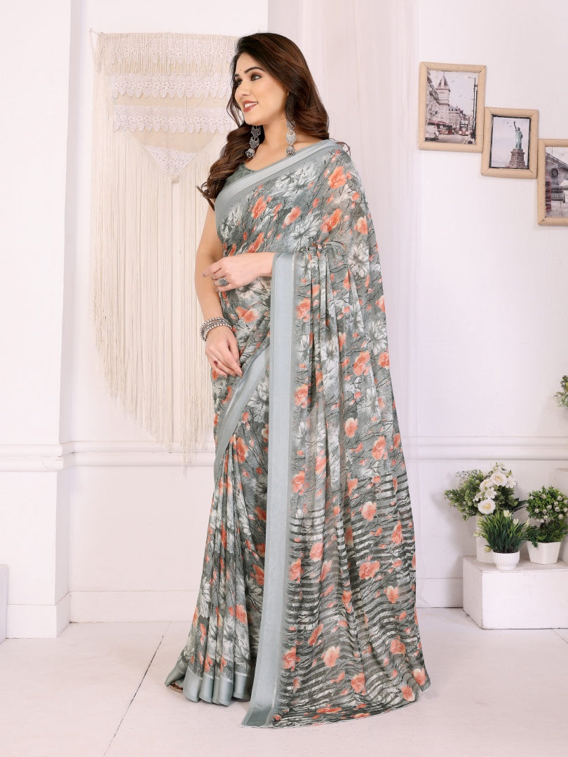 Graceful Pista Bright Moss Satin Patta Printed Saree with Matching Blouse