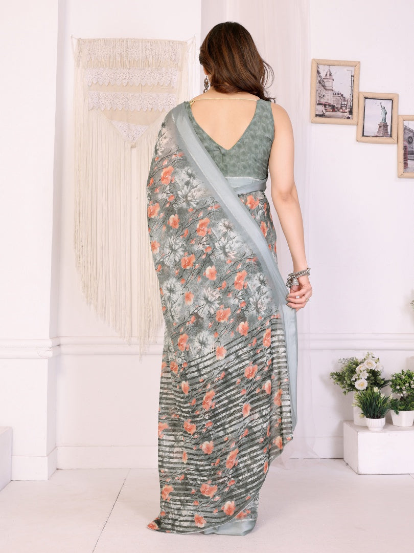 Graceful Pista Bright Moss Satin Patta Printed Saree with Matching Blouse