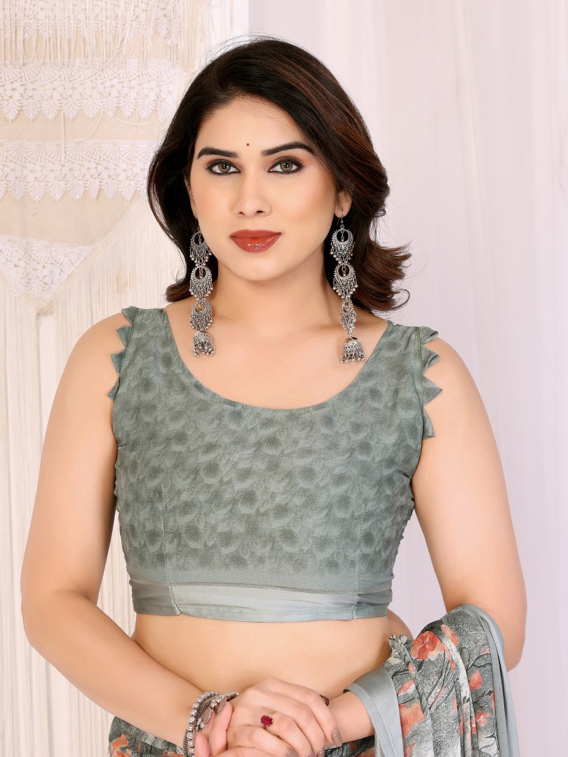 Graceful Pista Bright Moss Satin Patta Printed Saree with Matching Blouse