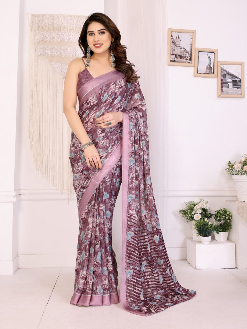 Royal Purple Bright Moss Satin Patta Printed Saree with Matching Blouse