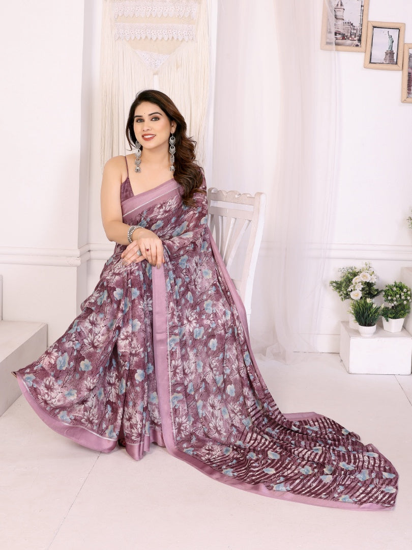 Royal Purple Bright Moss Satin Patta Printed Saree with Matching Blouse