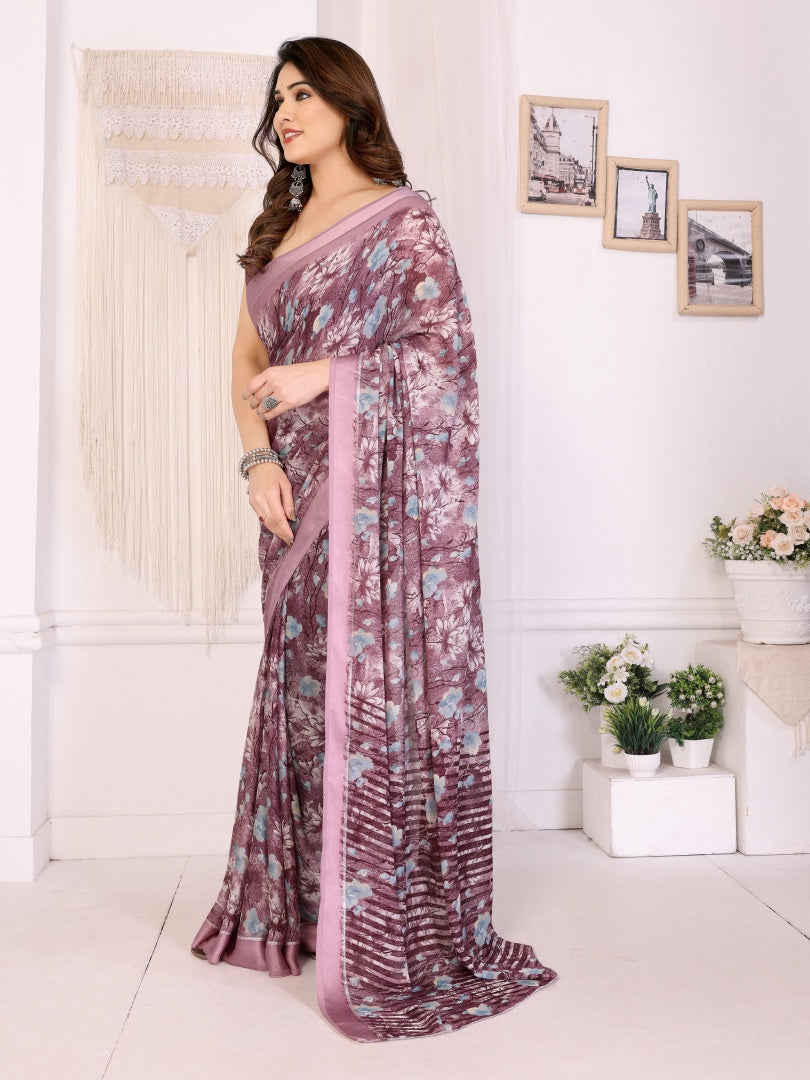 Royal Purple Bright Moss Satin Patta Printed Saree with Matching Blouse