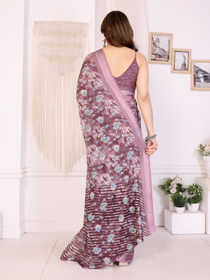 Royal Purple Bright Moss Satin Patta Printed Saree with Matching Blouse