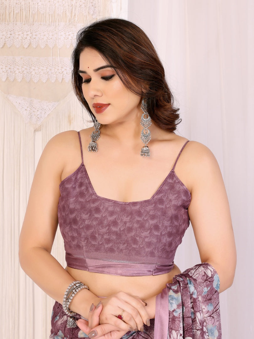 Royal Purple Bright Moss Satin Patta Printed Saree with Matching Blouse