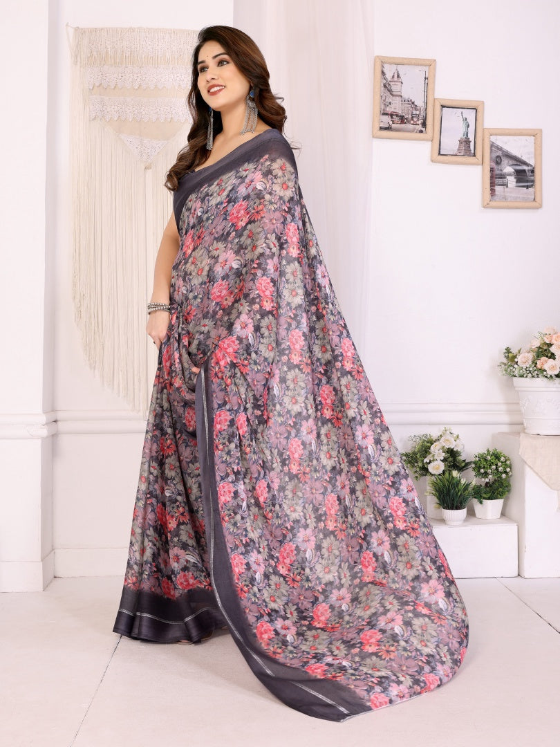 Elegant Black Bright Moss Satin Patta Printed Saree with Matching Blouse