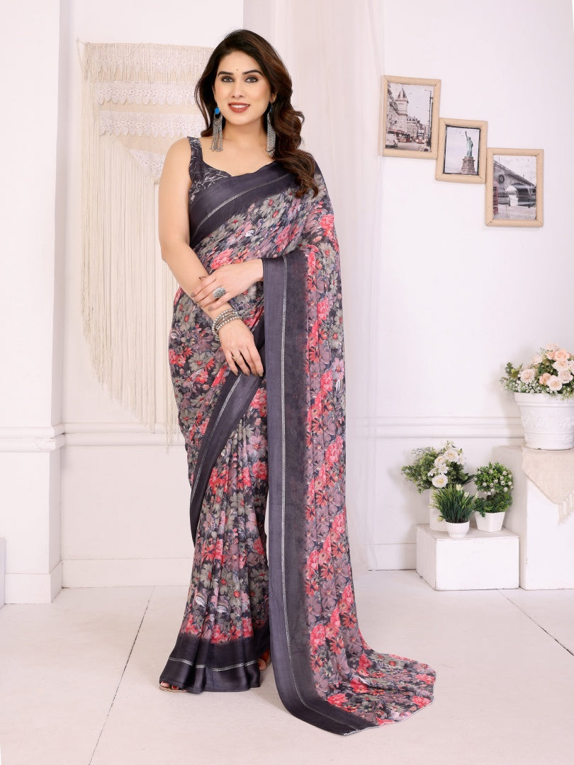 Elegant Black Bright Moss Satin Patta Printed Saree with Matching Blouse