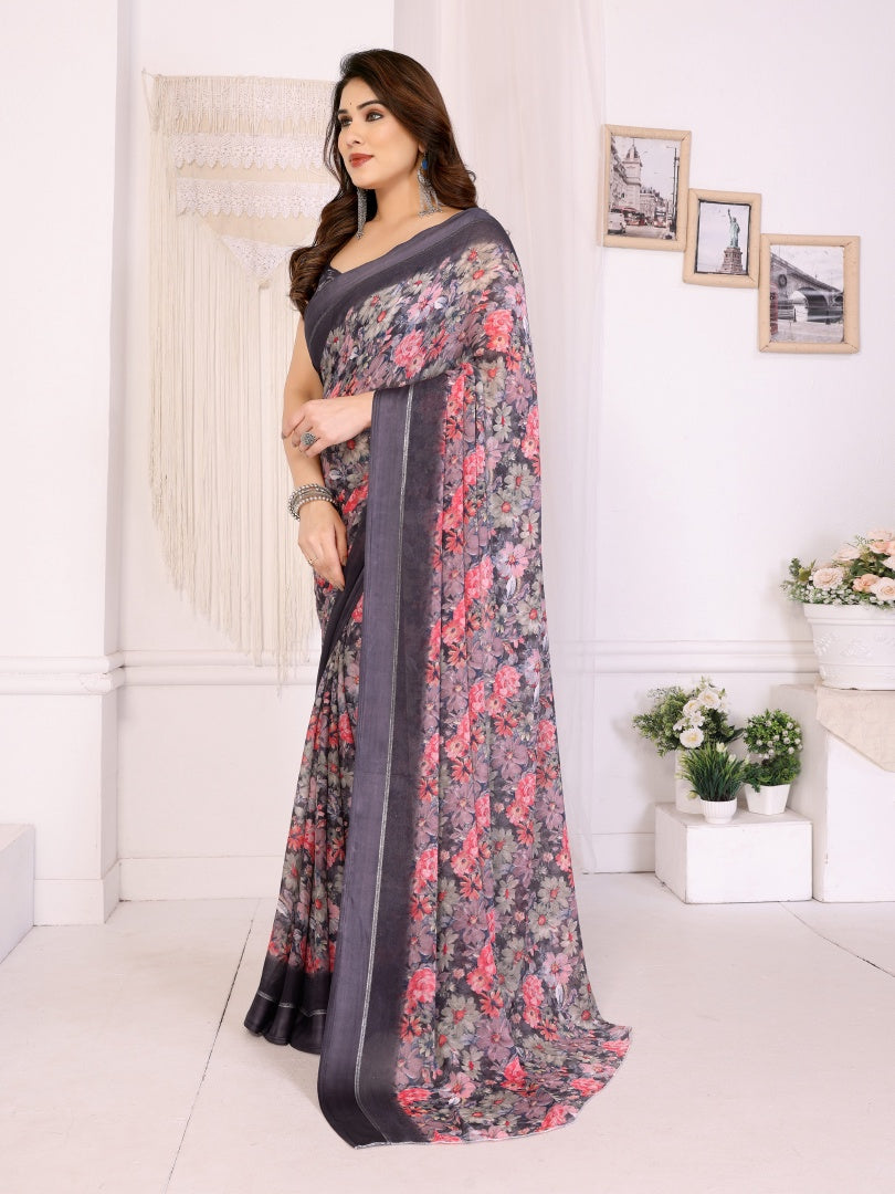 Elegant Black Bright Moss Satin Patta Printed Saree with Matching Blouse