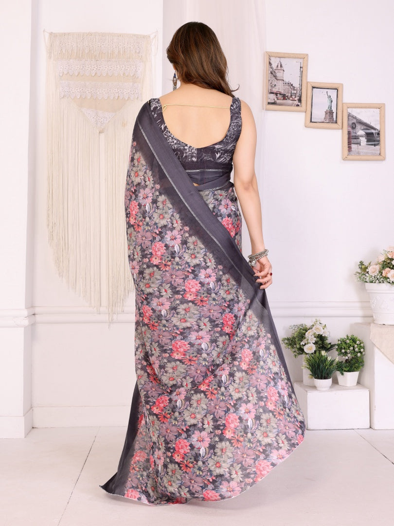 Elegant Black Bright Moss Satin Patta Printed Saree with Matching Blouse