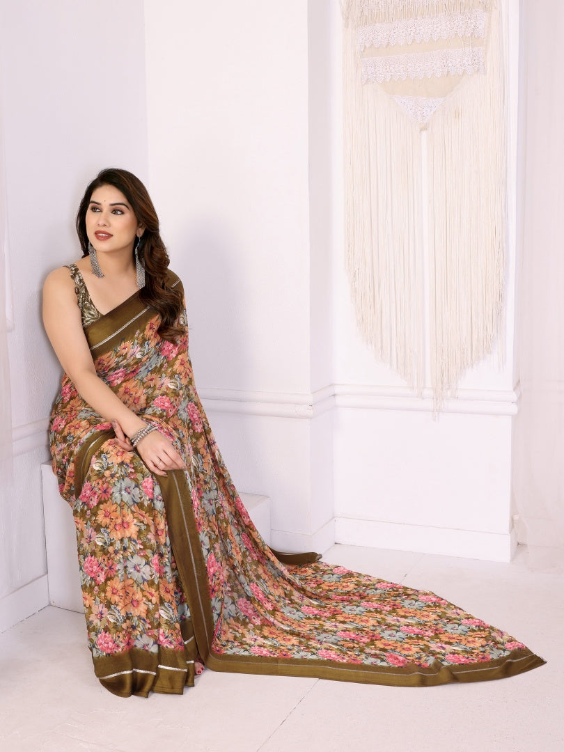 Stylish Camel Bright Moss Satin Patta Printed Saree with Matching Blouse