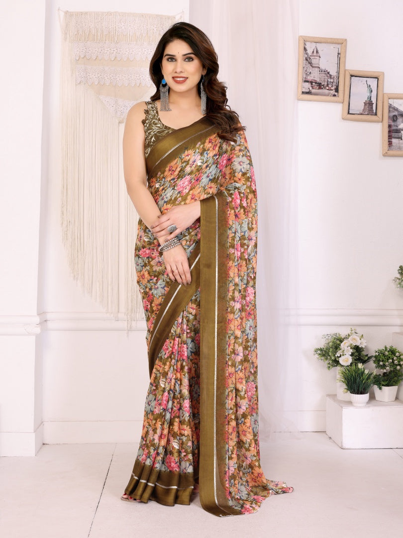 Stylish Camel Bright Moss Satin Patta Printed Saree with Matching Blouse