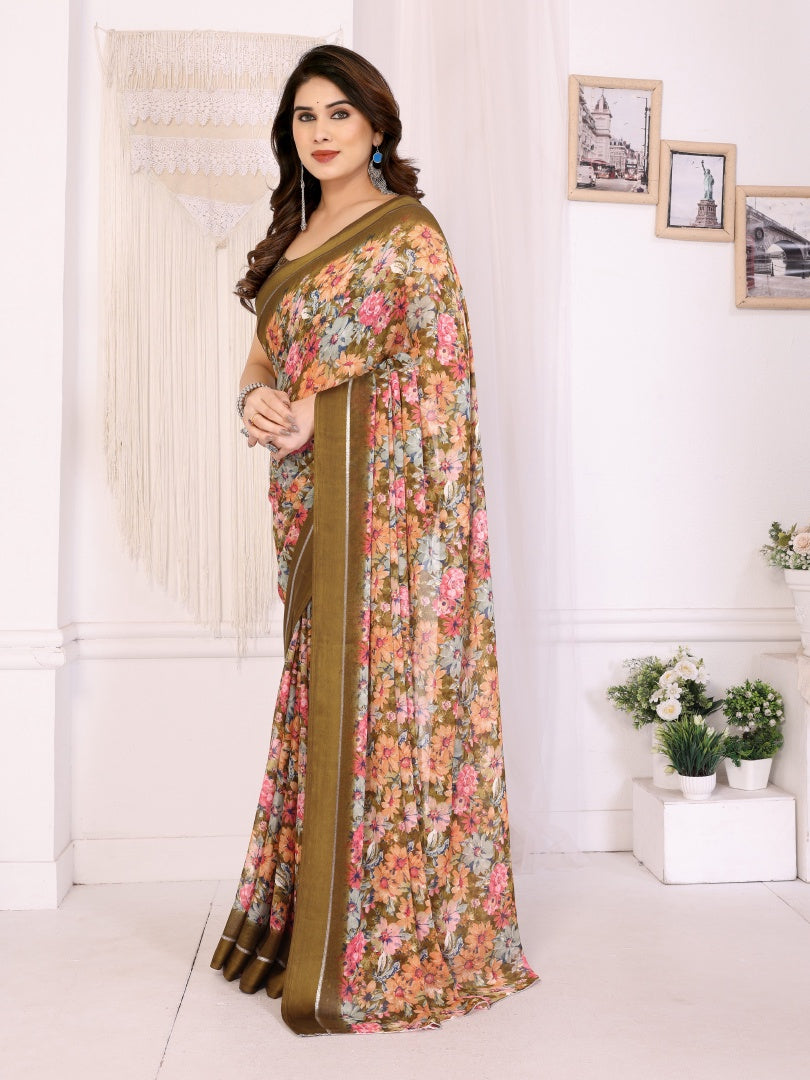 Stylish Camel Bright Moss Satin Patta Printed Saree with Matching Blouse