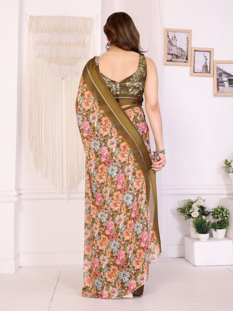 Stylish Camel Bright Moss Satin Patta Printed Saree with Matching Blouse