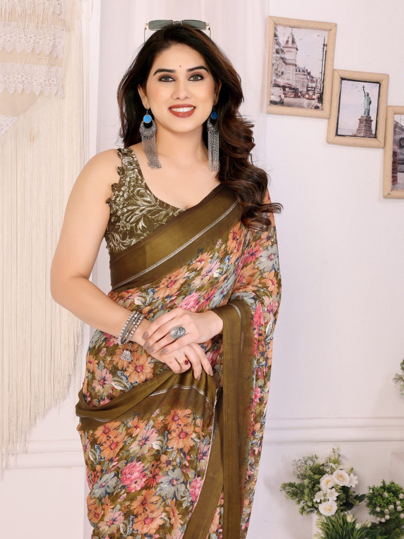 Stylish Camel Bright Moss Satin Patta Printed Saree with Matching Blouse