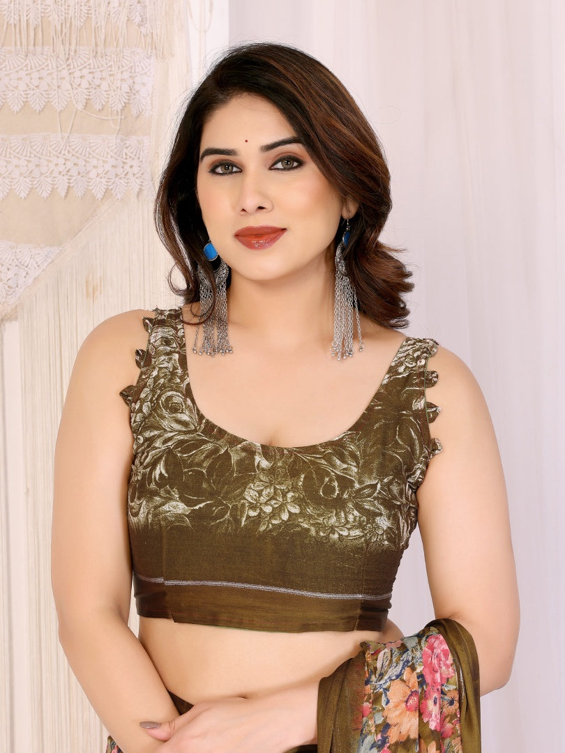 Stylish Camel Bright Moss Satin Patta Printed Saree with Matching Blouse