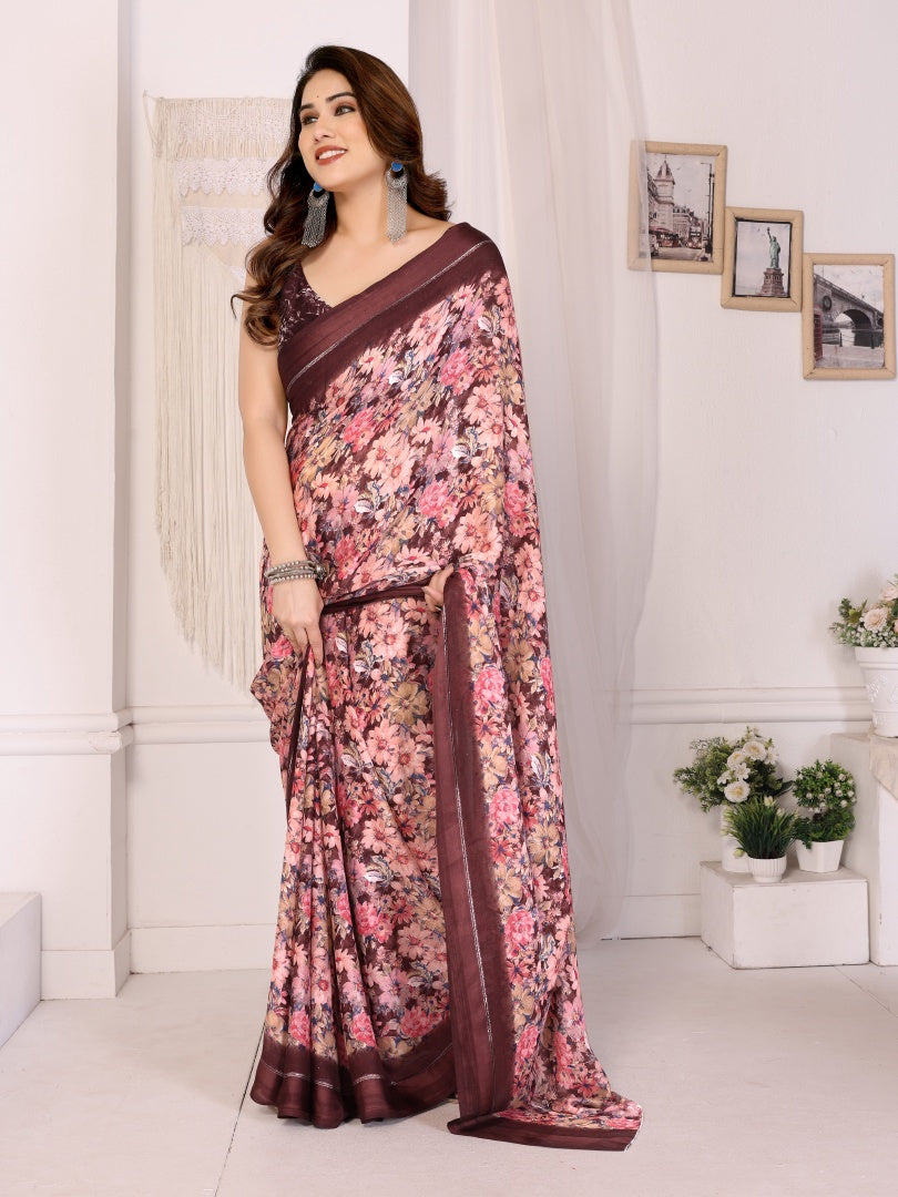 Rich Maroon Bright Moss Satin Patta Printed Saree with Matching Blouse