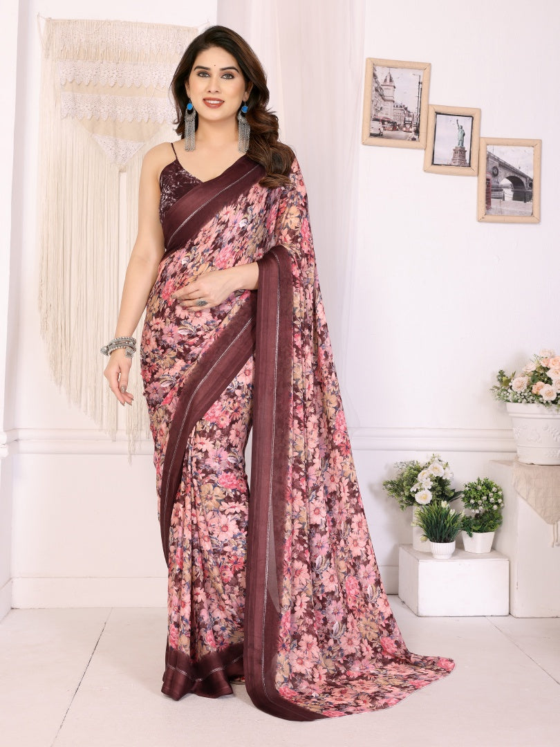 Rich Maroon Bright Moss Satin Patta Printed Saree with Matching Blouse