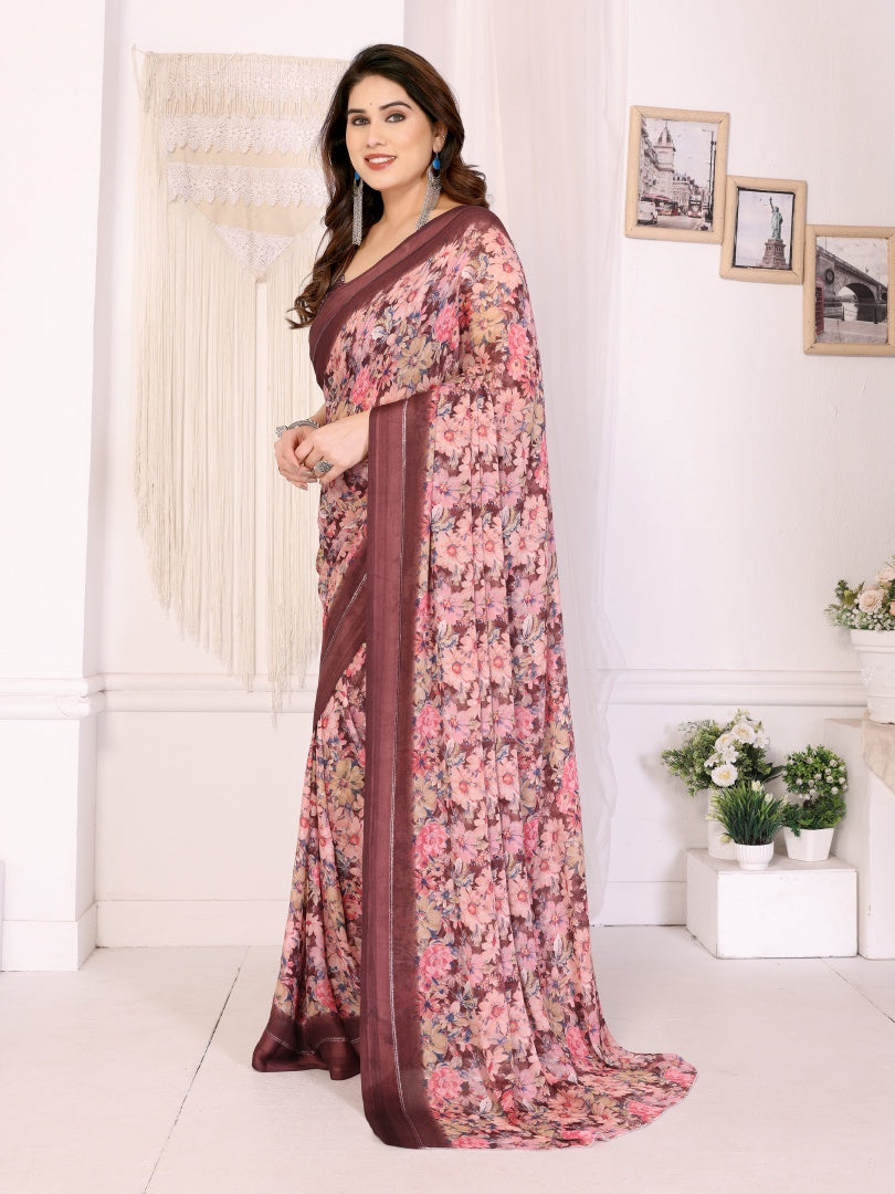 Rich Maroon Bright Moss Satin Patta Printed Saree with Matching Blouse