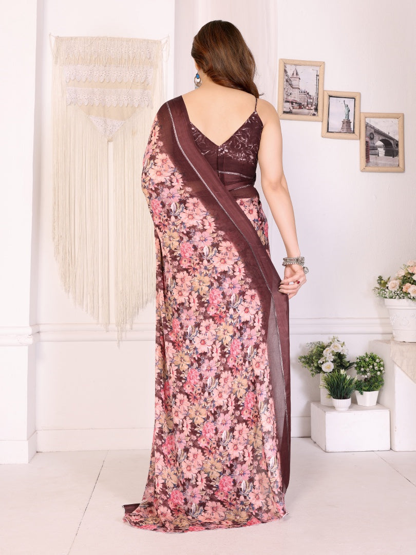 Rich Maroon Bright Moss Satin Patta Printed Saree with Matching Blouse