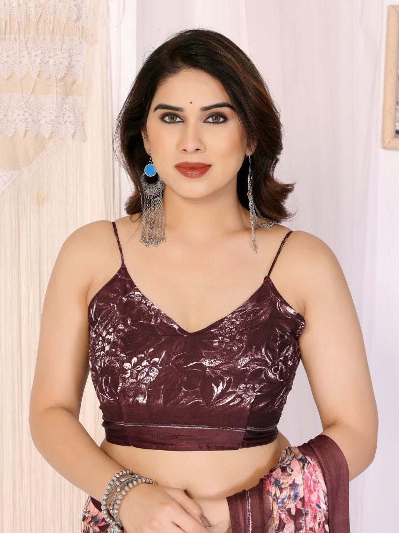 Rich Maroon Bright Moss Satin Patta Printed Saree with Matching Blouse