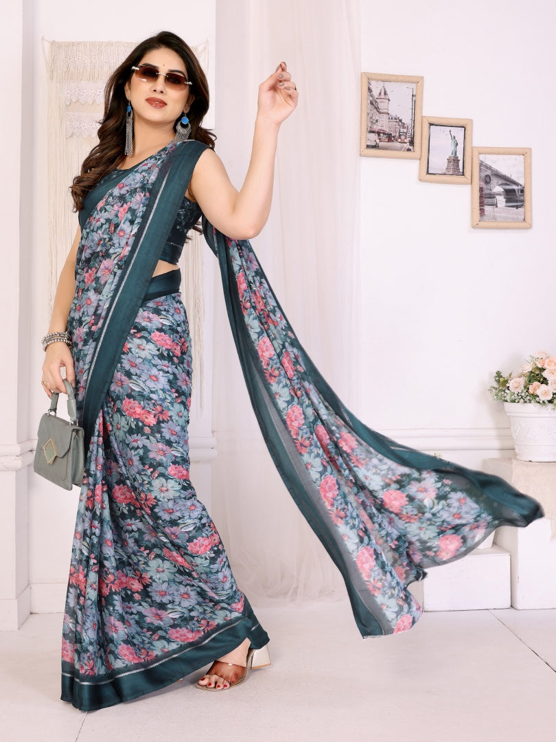 Vibrant Morpich Bright Moss Satin Patta Printed Saree with Matching Blouse