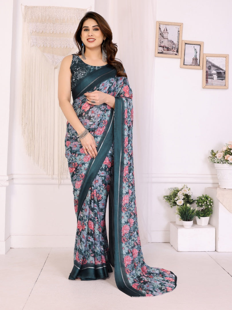 Vibrant Morpich Bright Moss Satin Patta Printed Saree with Matching Blouse
