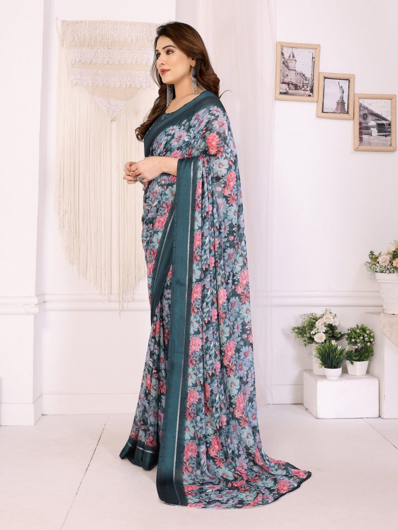 Vibrant Morpich Bright Moss Satin Patta Printed Saree with Matching Blouse