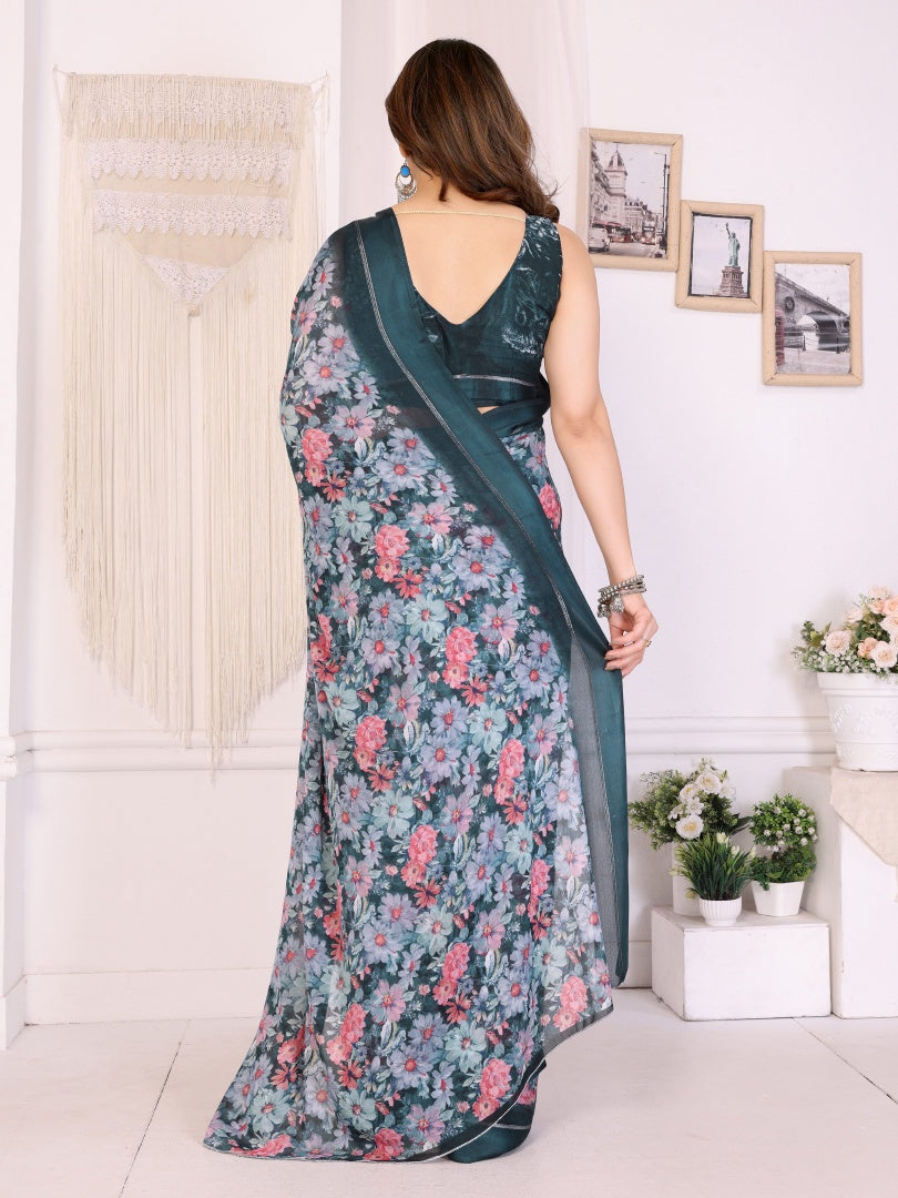 Vibrant Morpich Bright Moss Satin Patta Printed Saree with Matching Blouse