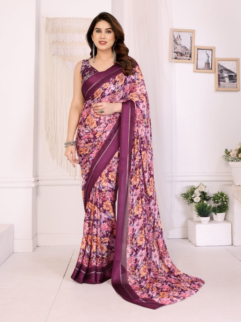 Graceful Purple Bright Moss Satin Patta Printed Saree with Matching Blouse