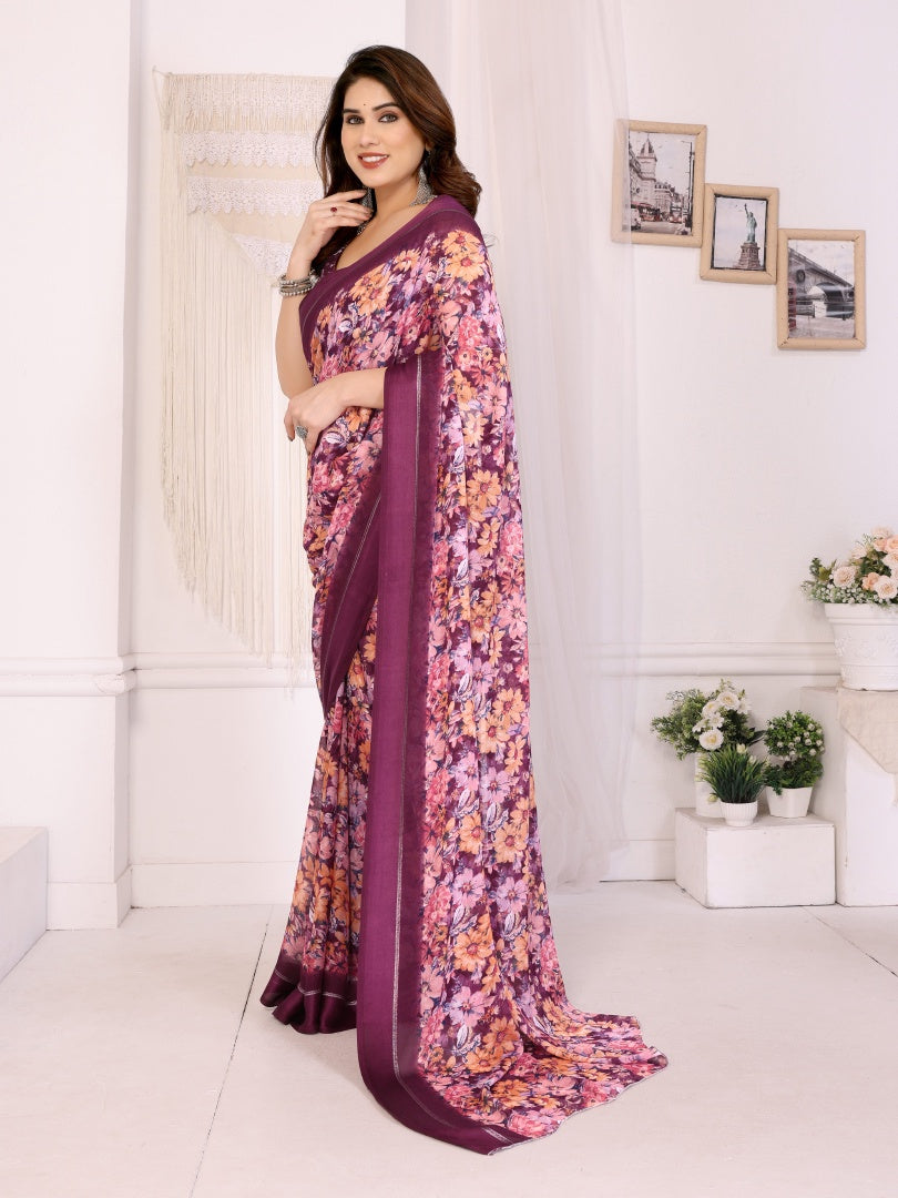 Graceful Purple Bright Moss Satin Patta Printed Saree with Matching Blouse