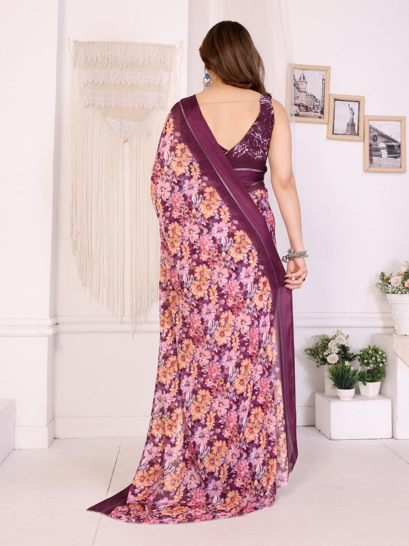 Graceful Purple Bright Moss Satin Patta Printed Saree with Matching Blouse