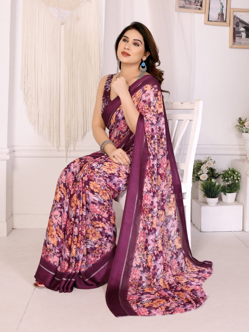 Graceful Purple Bright Moss Satin Patta Printed Saree with Matching Blouse