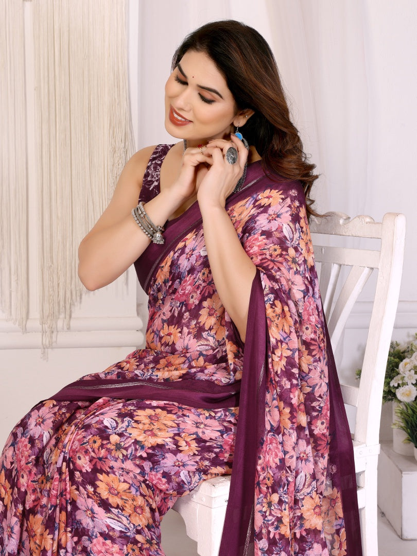 Graceful Purple Bright Moss Satin Patta Printed Saree with Matching Blouse