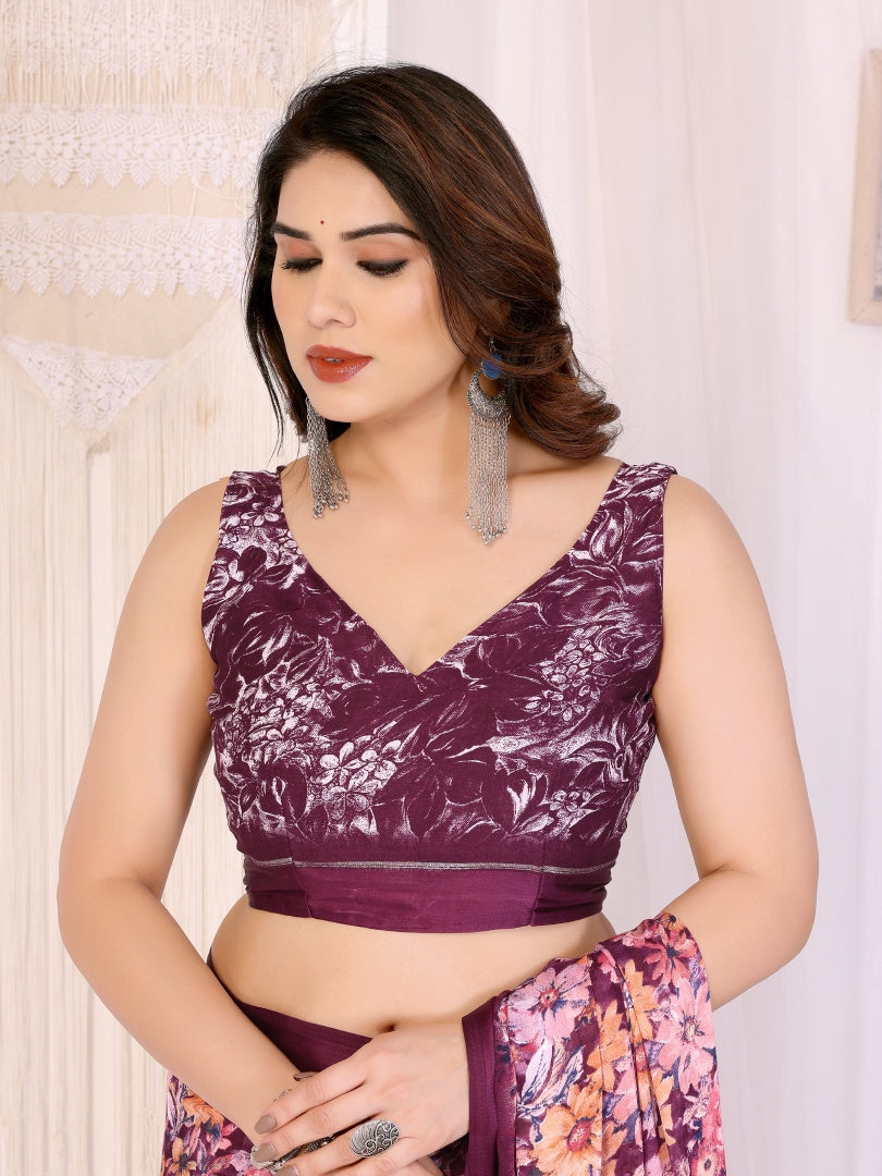 Graceful Purple Bright Moss Satin Patta Printed Saree with Matching Blouse