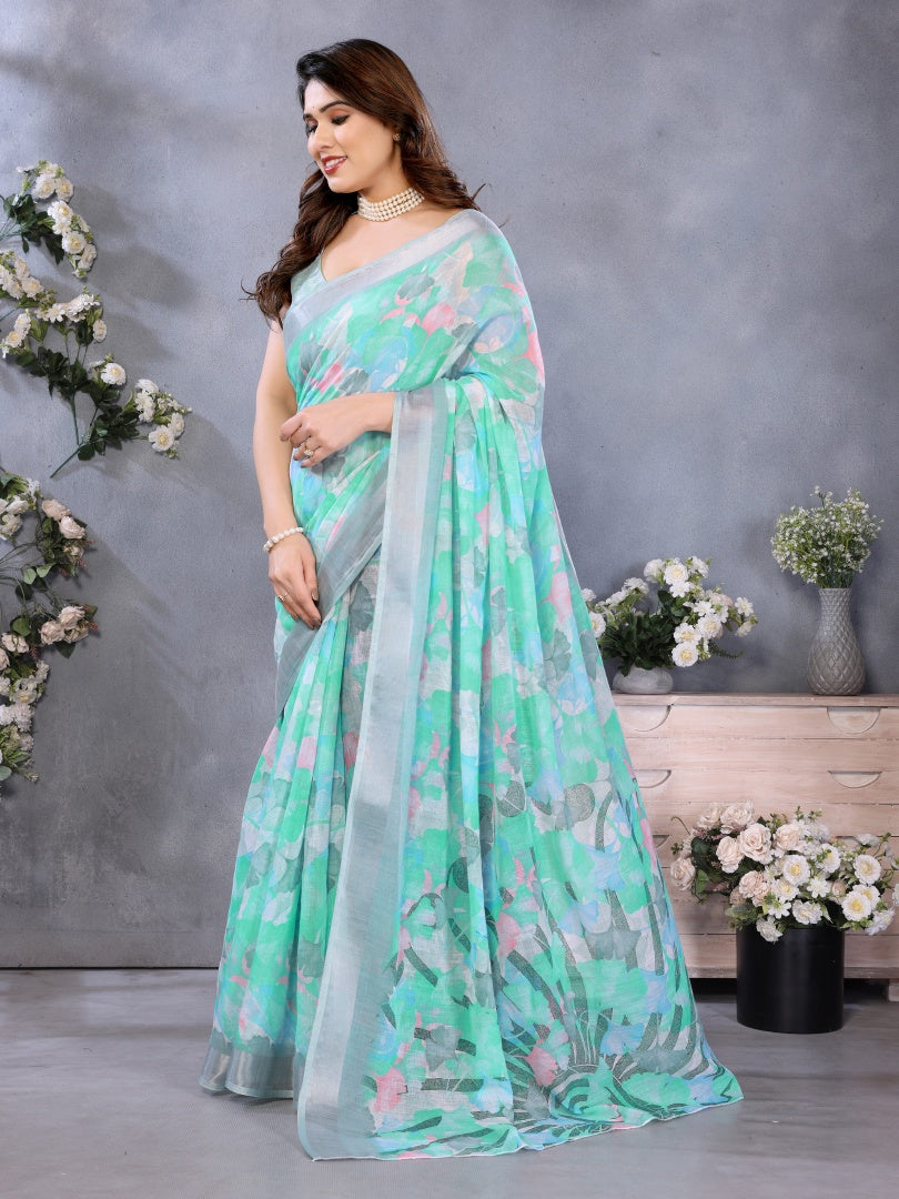 Elegant Firozi Lilan Patta Printed Saree with Matching Lilan Patta Blouse